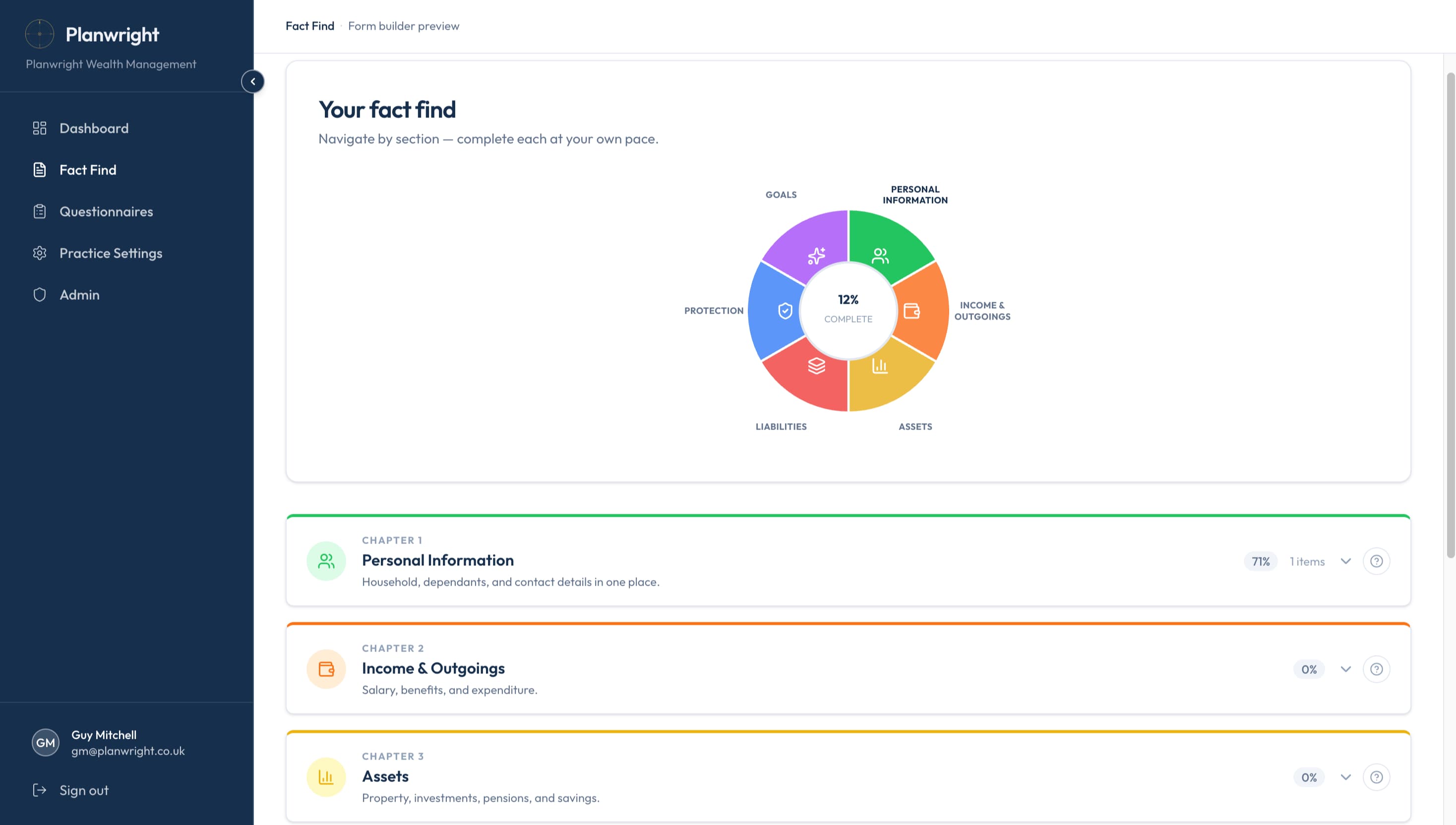 Planwright fact find interface